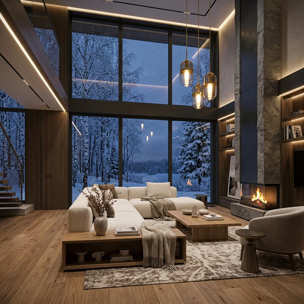 3D визуализация интерьера загородного дома — просторная гостиная с камином и панорамными окнами